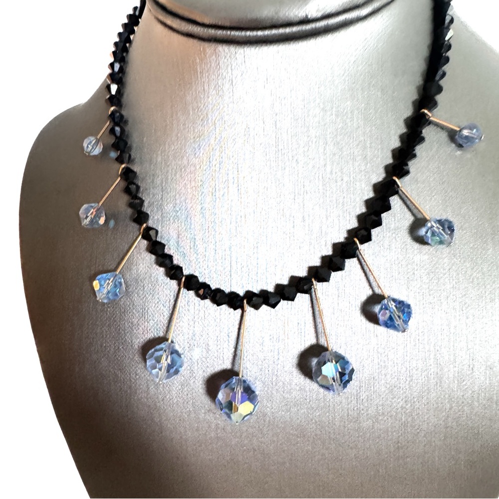 Stunning Black and Ice Blue Austrian Crystal Bead and 18k Gold Plate Necklace.